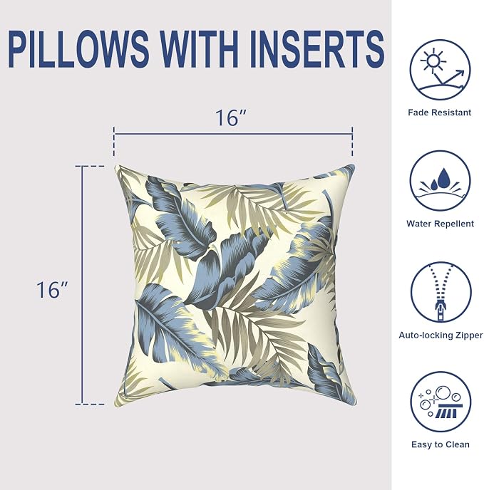 Outdoor Throw Pillows 16x16 Inch, Water Repellent Patio Pillows with Inners Set of 2 for Patio Furniture Home Graden, ‌Lush Palm Blue