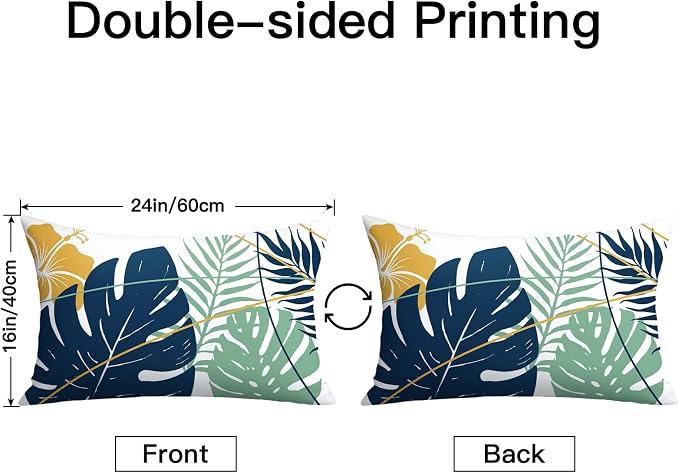 OTOSTAR Outdoor Waterproof Throw Pillow Covers 16x24 Inch Set of 2 Double-Sided Dark Blue Yellow Tropical Leaf and Flower Spring Summer Decorative Pillow Cases for Patio Funiture Garden Balcony Couch