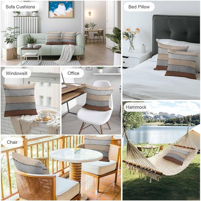 Outdoor Throw Pillow Covers 26X26 Set of 2 Waterproof Ombre Ground Color Brown Grey Decorative Zippered Cushion Covers for Patio Furniture, Lumbar Pillowcases Farmhouse Retro Rustic Barn Wood Texture