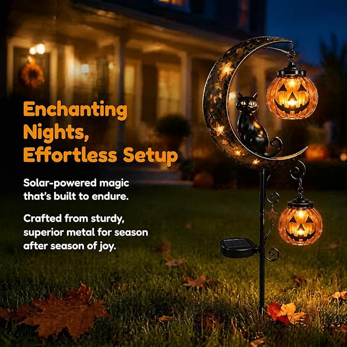 Solar Halloween Black Cat & Pumpkin Moon Garden Stake Light, Outdoor Waterproof LED Yard Decoration with Crescent Moon, Hanging Jack-o'-Lantern Lantern for Garden, Patio, Walkway, Porch(Style C)