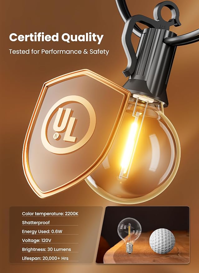 Brightown Outdoor String Lights, 69FT G40 LED IP65 Waterproof Patio Lights | 30 Shatterproof Edison Bulbs, Plug-In, Dimmable, Connectable, Hanging Light for Backyard Porch Party Christmas Decorative
