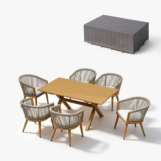 PURPLE LEAF Outdoor Dining Set with Waterproof Furniture Cover 7-Piece All-Weather Patio Set for 6 with Woodgrain Aluminum Table Rope Weave Chairs and Cushions, Teak