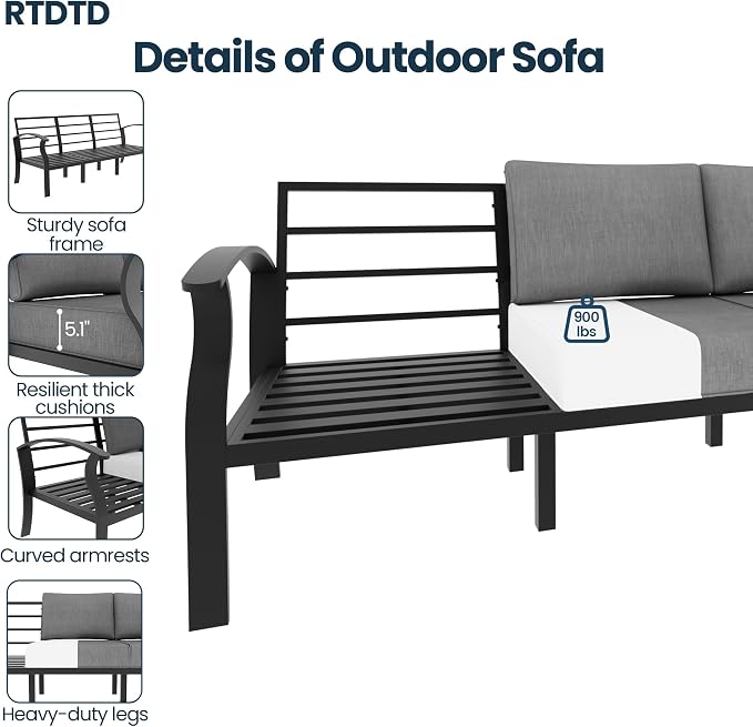 Aluminum Outdoor Patio Furniture Set,5 Seats Patio Conversation Sets with Rectangular Coffee Table,Metal Patio Sectional Furniture Set with 5.1" Thickened Cushions,Grey