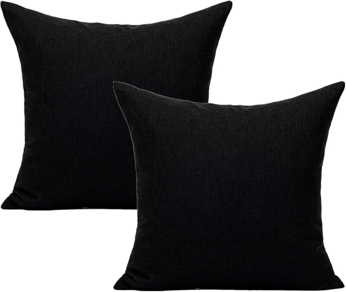 All Smiles Black Throw Pillow Covers 18x18 Set of 2 Solid Decorative Cushion Cases Linen Décor Home Decorations Indoor Outdoor for Bed Sofa Couch Patio Living Room Bedroom