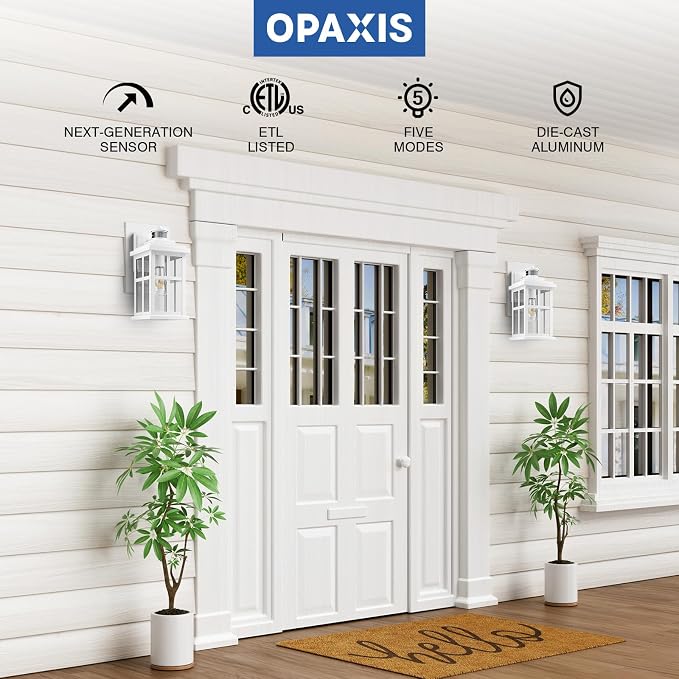 Large White Outdoor Wall Lights, Motion Sensor Porch Light Outdoor, Dusk to Dawn Outdoor Light Fixtures, Waterproof Outside Lights for House, Garden, Front Porch, Tempered Glass, Anti-Rust