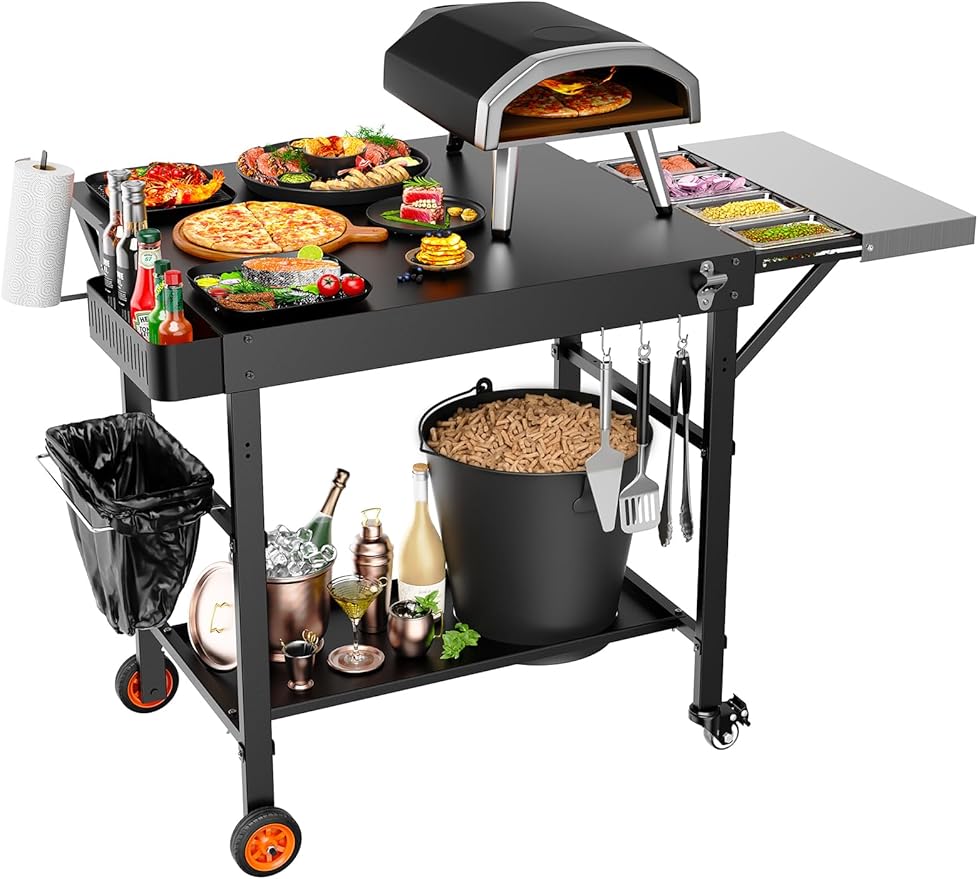 Outdoor Pizza Oven Table, Movable Grill Side Table, Expansive Countertop Pizzas Oven Accessories, Pizzas Stands for Party with Wheels, Fits Ooni Blackstone Ninja Cuisinart Gozney