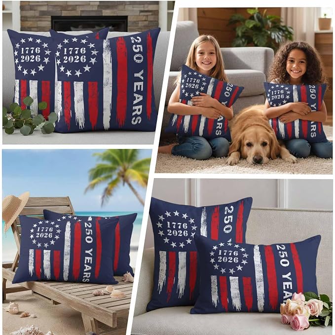 250 Years America Outdoor Pillow Covers 16"x16" Set of 2, Waterproof Throw Pillow Covers for Patio Furniture, USA 250th Anniversary Red White Blue Decorative Cushion Covers for Porch