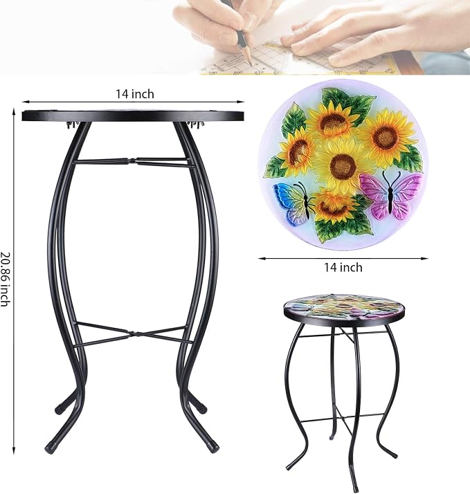 MUMTOP Outdoor Side Table - Patio Table Mosaic Coffee SideTables Glass Accent Table 14’’Round SmallTable Plant Stand for Indoor Garden Balcony (Sunflower)