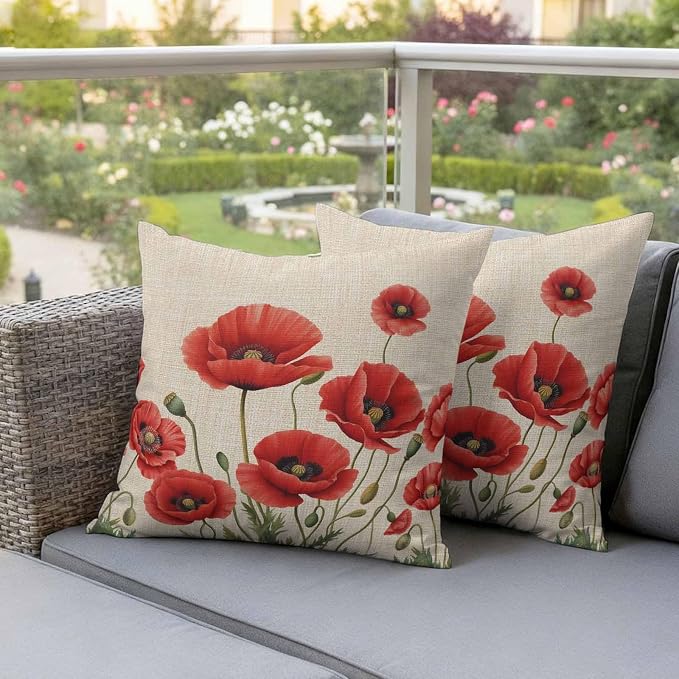 Flowers Outdoor Waterproof Throw Pillow Covers 18"x18" Set of 2, Red Opium Poppy Flowers Vintage Linen Decorative Garden Pillowcase with Zipper Cushion Case for Patio Couch Tent