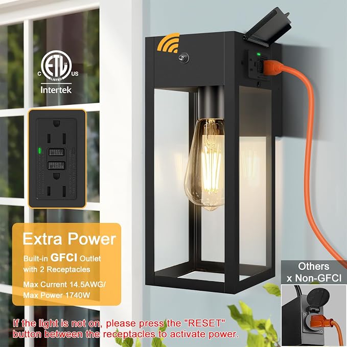 Dusk to Dawn Outdoor Light Fixtures Wall Mount, Outdoor Porch Lights with GFCI Outlet, Dusk to Dawn Outdoor Lighting for Doorway, Garage- Black, 1 Pack
