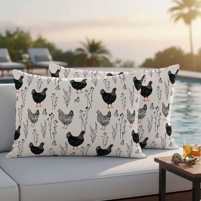 Beige Farm Chicken Outdoor Pillow Covers 20"x12" Set of 2, Country Farmhouse Black White Rooster Flower Leaf Waterproof Throw Pillow Covers for Patio Furniture, Decorative Cushion Covers for Porch
