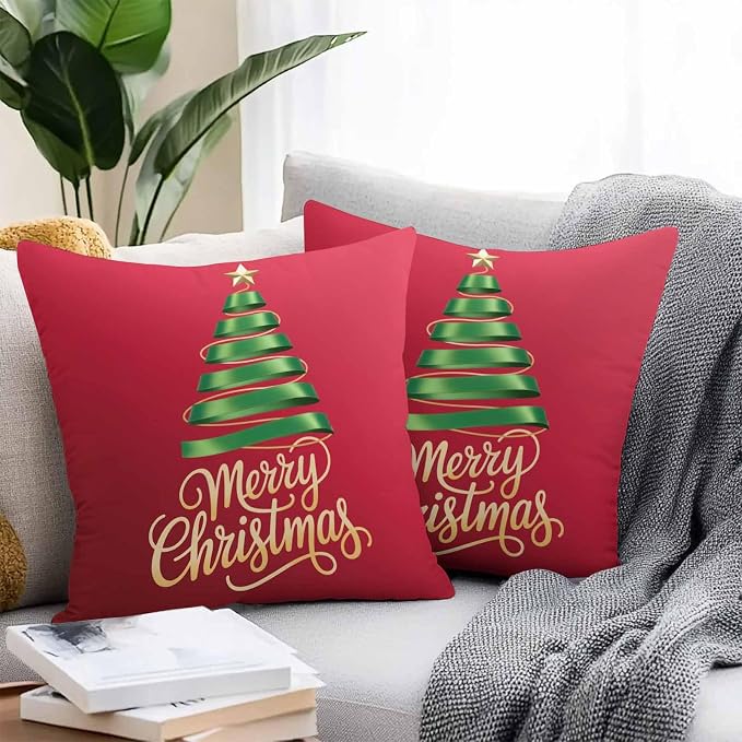 Red Christmas Tree Outdoor Pillow Covers 18 x 18 Inches, Green Xmas Tree with Star Waterproof Throw Pillow Cover Set of 2, Christmas Red Decorative Square Cushion Covers for Patio/Couch/Garden