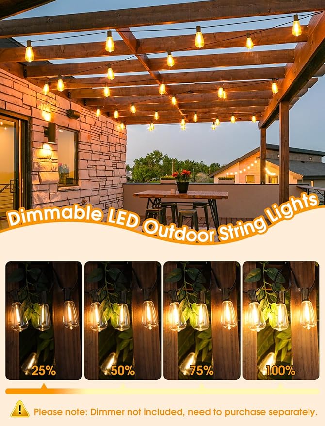 75FT(3x25FT) Outdoor String Lights, Patio Lights with 30+3 LED Dimmable Waterproof Connectable ST38 Bulbs for Outside Porch Balcony, Black