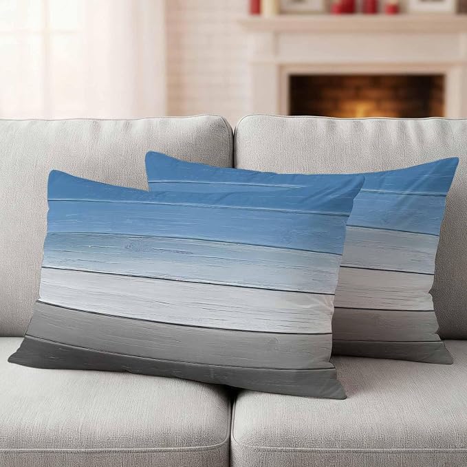 Blue Gray Outdoor Pillow Covers 20x12 Inch Lumbar Pillow Covers Set of 2 Waterproof Decorative Throw Pillow Cases Vintage Farmhouse Gradient Wooden Grain Art Cushion Covers for Patio Furniture Garden