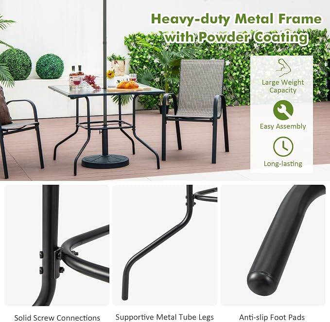 Tangkula 35 Inch Patio Dining Table with Tempered Glass Top, Square 4-Person Outdoor Bistro Table with 1.5" Umbrella Hole & Sturdy Metal Frame, Patio Dining Table for Backyard, Lawn, Deck & Poolside