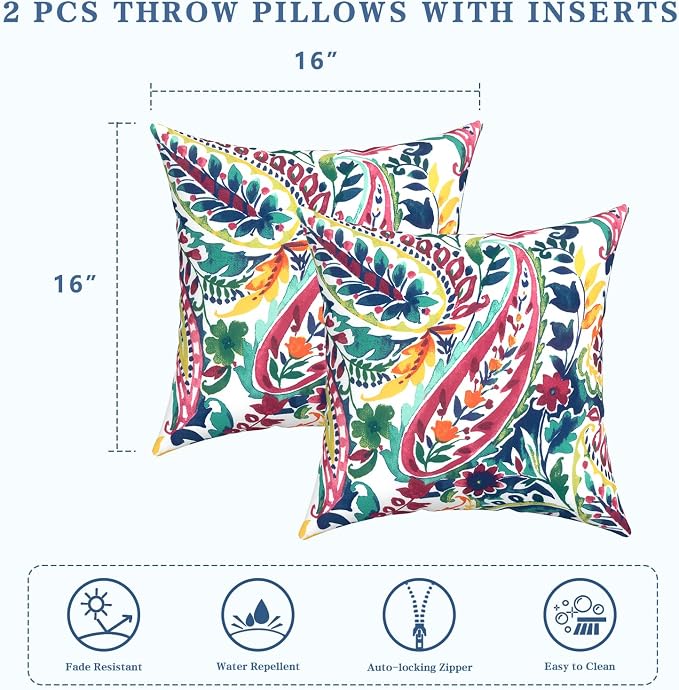 LVTXIII Outdoor Throw Pillows, Decorative Throw Pillows with Inserts, 16"x16" Square Pillows for Bed, Couch, Sofa and Patio Furniture, Set of 2, Vigour Paisley