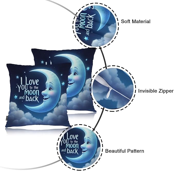 Swono Moon Blue Pack of 2 Throw Pillow Cases, I Love You The Moon and Back Cozy Pillow Cover Square 18"X18" Cushion Case Set Pillowcase Decorative for Home Sofa Bedroom Car Office, Love Phrase