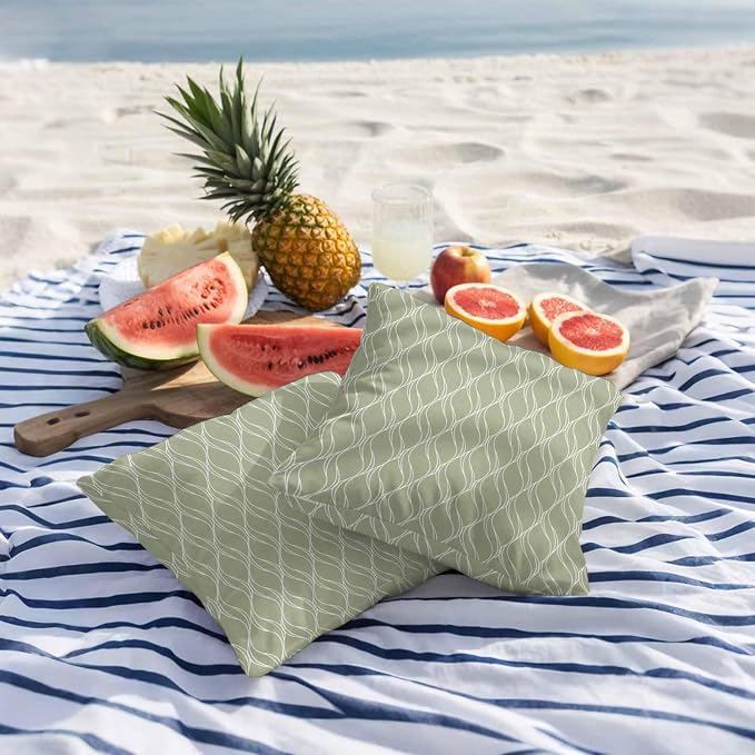 Sage Green Stripes Outdoor Pillow Covers 20x20 Inch Throw Pillow Covers Set of 2 Waterproof Decorative Pillow Cases Simple Geometric Modern Monochrome Cushion Covers for Patio Furniture Garden Couch