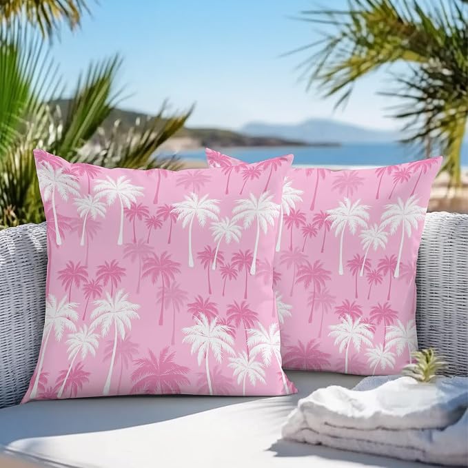 Throw Pillow Covers 24x24 Inch Set of 2, Tropical Palm Tree Waterproof Outdoor Pillow Covers, Magenta Pink Plants Coastal Leaf Beach Decorative Cushion Pillowcases for Couch, Sofa, Bed, Garden, Patio