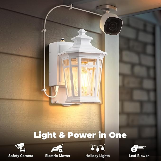 Gleamz Outdoor Wall Lights with GFCI Outlet, White 2-Pack Exterior Lighting Fixtures with Dusk to Dawn Sensor, Porch Light with Outlet Wall Mount, Waterproof Front Door Light Fixture Outdoor