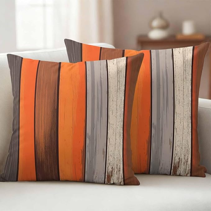 JasmineM Outdoor Pillow Cover 26x26 Inches Set of 2 Orange Brown Gray Striped Waterproof Throw Pillow Covers Retro Wood Grain Decorative Pillowcases Garden Cushion Case for Patio Couch Sofa