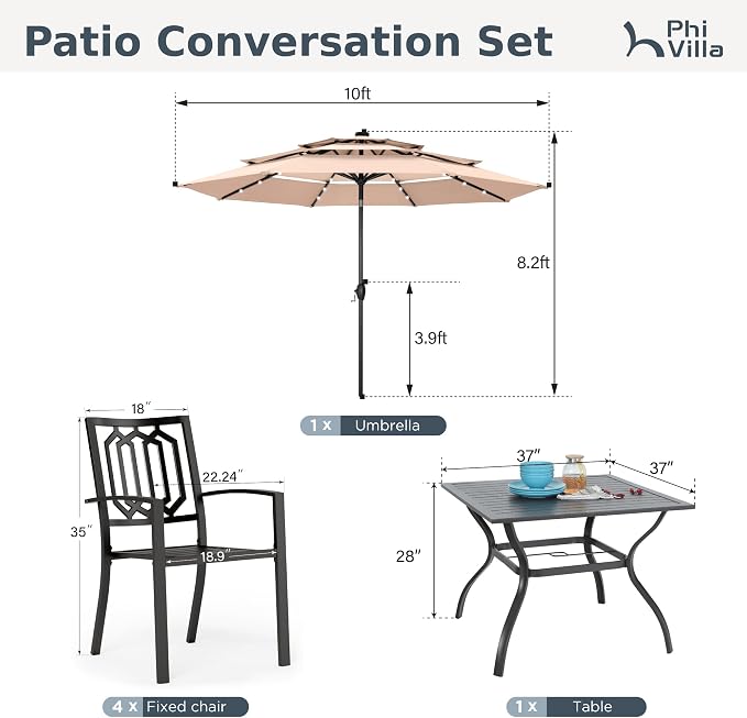 Sophia & William Patio Dining Set for 4 with 10ft 3 Tier Auto-tilt Umbrella, Outdoor Table Furniture Set with 4 x Metal Outdoor Chairs, 1 x Metal Square Dining Table and 1 Beige Patio Umbrella