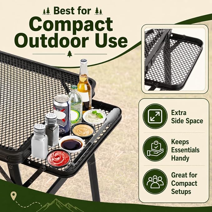 2.5 FT Picnic Table with 2 Wing Panels, Mesh Metal Folding Grill Table Height Adjustable & Lightweight & Portable Table for Outdoor Indoor Camping, Picnic, Beach and BBQ, RV