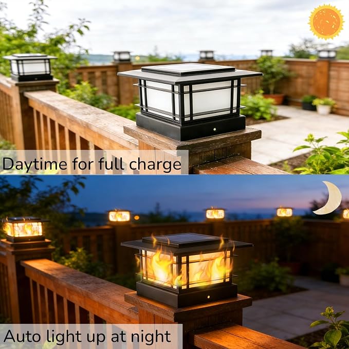 Dynaming 4x4 Solar Post Cap Lights Outdoor with Flickering Flame Light, 6 Pack Black Shell Fence Post Solar Lights Fit 4x4 Vinyl/Wooden Posts, Brightness LED Lighting Decor for Garden Deck Patio