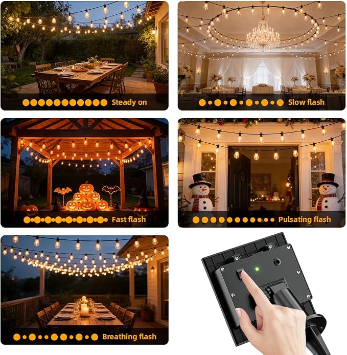 50FT Solar String Lights Outdoor Waterproof IP65 with USB-Charging , Solar Powered LED Patio Lights with 25+2 Shatterproof ST38 Edison Bulbs, Hanging Lights for Outside Backyard Garden Bistro Gazebo