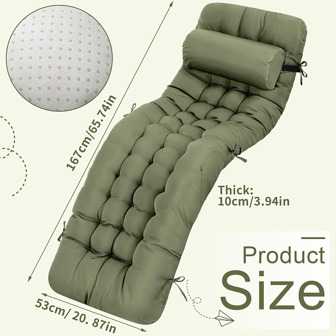 Tudomro Outdoor Chaise Lounge Cushion 66x21x4'' Waterproof & Fade-Resistant Patio Pool Chaise Lounge Cushion Headrest Pillow Tie Replacement Rocking High Back Chair(Olive Green,Set of 2)
