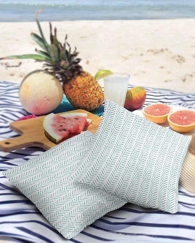 Turquoise Striped Outdoor Pillow Covers Waterproof,All Weather Cushion Case Set of 2 Decorative Pillowcases for Sofa Couch Bed Decor Patio Furniture 20"x20" White Geometric Minimalist Boho Striped