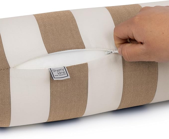 Sherry Kline Cabana Stripe Set of 2 Neck roll Bolster Pillows, Zippered Removable Cover with Corded Trim, 6x18 Inch Cylinder Outdoor Indoor Cushion, Foam Insert, Made in USA - Beige/Natural