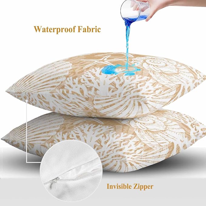 Outdoor Pillow Covers 16x16 Inch Set of 2, Light Brown Starfish Coastal Waterproof Throw Pillow Covers, Summer Coral Shell Beach Nautical Decorative Cushion Pillowcases for Couch Sofa Bed Garden Patio