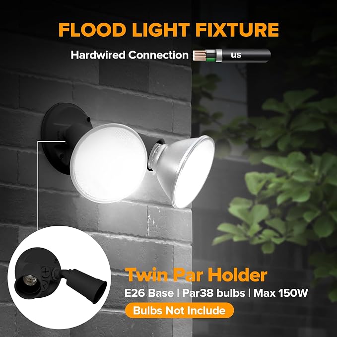 LUTEC 2 Pack Adjustable Twin Par Holder Outdoor Flood Lights, Switch Controlled Security Lights, Floodlights Fixture, Waterproof Exterior Max 300 Watt Par38 Flood Light for Garage, Yard, Porch-Black