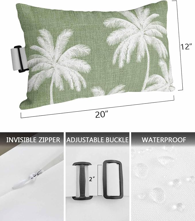 Pack of 2 Outdoor Lumbar Pillow Covers 12x20 Inch, Dark Sage Green Palm Trees Waterproof Throw Pillow Covers Set, Tropical Summer Beach Indoor&Outdoor Decorative Cushion Cases for Patio Porch Car