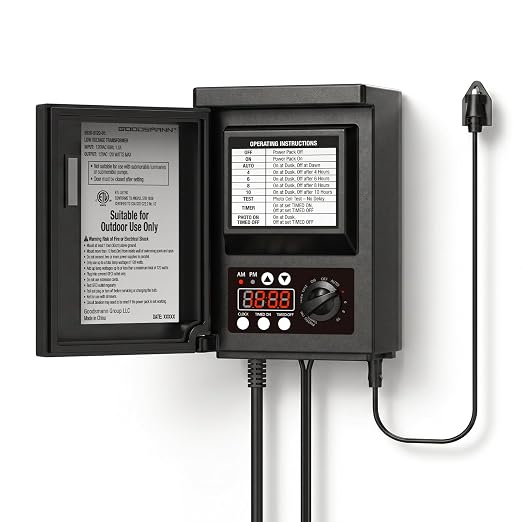 Low Voltage Transformer 120W Outdoor Lighting Transformer for Landscape Lights with Photo Eye Sensor and Timer 120V AC to 12V AC 9920-9120-01