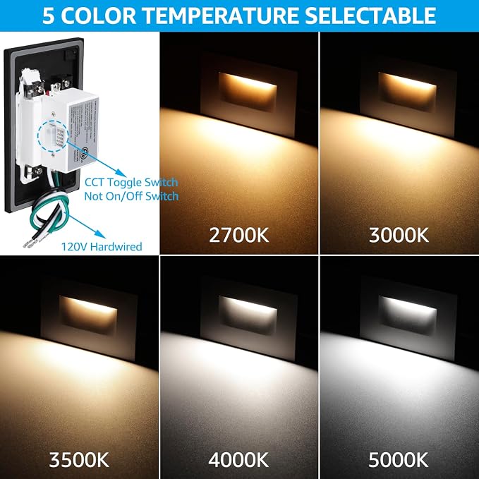 LEONLITE 6-Pack 5CCT 120V LED Step Lights, Horizontal, Black | 150LM, 5%-100% Dimmable, CRI90, ETL, Indoor Outdoor Stair Lights, Wet Location, 2700K/3000K/3500K/4000K/5000K, Aluminum