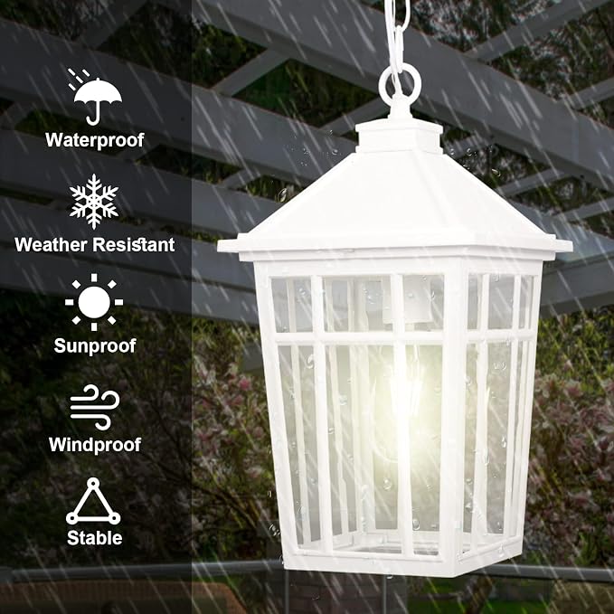 Darkaway Large Outdoor Pendant Light Fixture, 16inch Outdoor Hanging Light Porch Lights Fixtures Waterproof Aluminum with Seeded Glass for Entryway Doorway Farmhouse Patio Courtyard (White，Large)