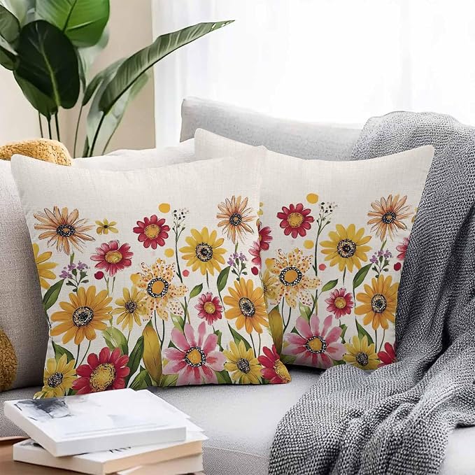Yellow Red Spring Floral Outdoor Waterproof Throw Pillow Covers 20x20 Set of 2, Pastoral Summer Flower Rustic Decorative Pillowcases Cushion Pillowcase for Couch Sofa Patio Outside Pillow Protector