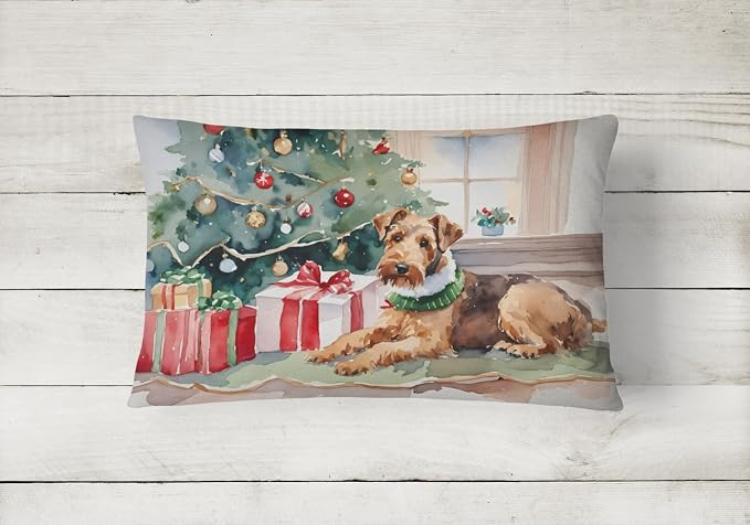 Caroline's Treasures DAC2588PW1216 Airedale Terrier Cozy Christmas Throw Pillow Machine Washable, Indoor Outdoor Decorative Pillow for Couch, Bed or Patio, 12HX16W