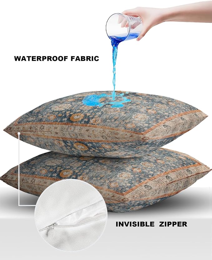 Outdoor Waterproof Pillow Covers Set of 2, Meddle Century Vintage Flowers Mural Pattern Patio Throw Pillow Covers, Decorative Cushion Case for Couch Sofa Furniture Garden, 26x26 Inch