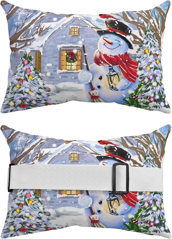 Outdoor Pillows Covers with Inserts Christmas Snowman Winter Snow Bird Waterproof Recliner Pillow with Adjustable Strap Throw Pillows for Patio Furniture Pool Lounge Chair, 11x16 inch, 1PCS