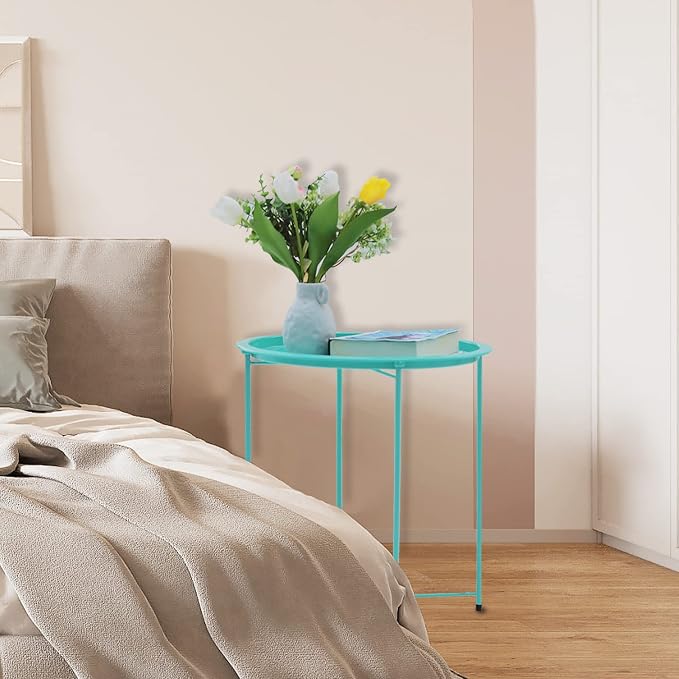 Garden 4 you End Table Metal Side Table Green Round Folding Tray Cyan Sofa Small Accent Fold-able Table, Round End Table Tray, Next to Sofa Table, Snack Table for Living Room and Bed Room