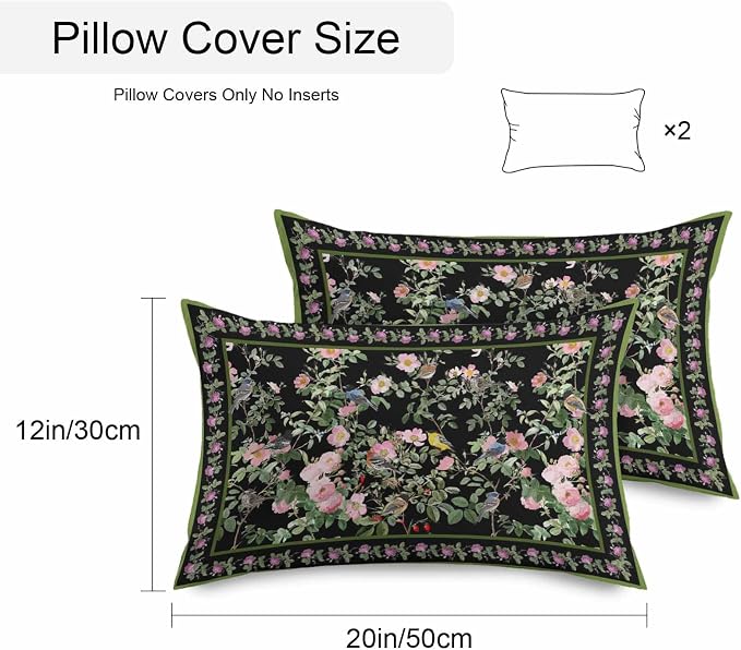 Vandarllin Outdoor Throw Pillows Covers 20x12 inch Set of 2 Waterproof Pink Floral Bird Decorative Zippered Cushion Covers for Patio Furniture, Green Leaves Branches Black Lumbar Pillowcases