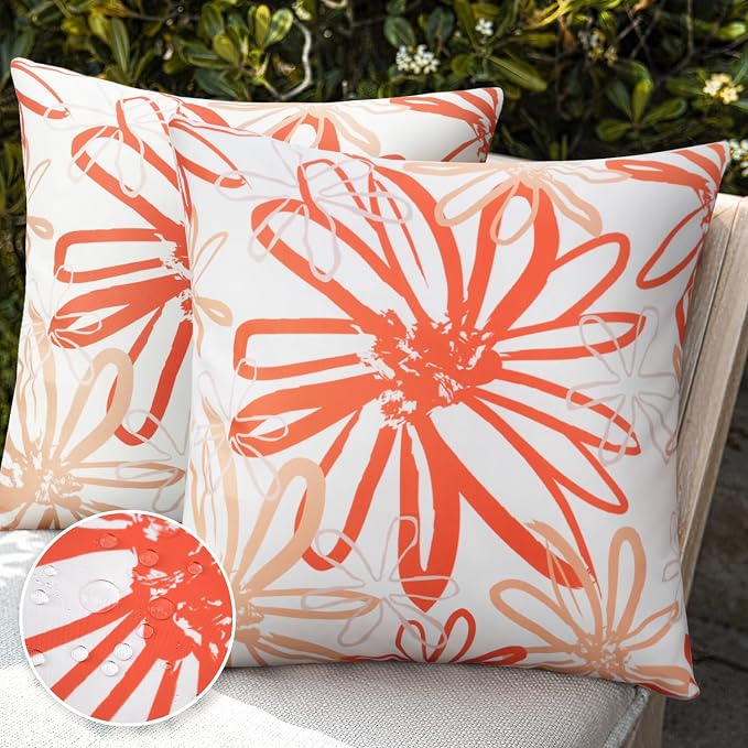Pyonic Outdoor Waterproof Pillow Covers Pack of 2 Dahlia Water Resistant Decorative Outdoor Pillow Covers 18x18 inch Square Patio Pillows for Funiture Garden,Orange