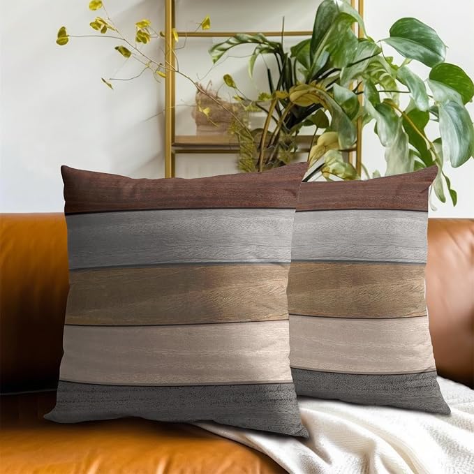 Brown Grey Wooden Pillow Covers 18 x 18 Set of 2, Rustic Wood Board Plank Soft Decorative Throw Pillow Cushion Cover for Couch Sofa Indoor Outdoor Home Decoration