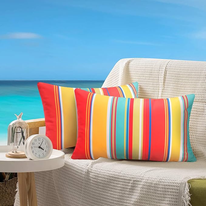 Pyonic Lumbar Outdoor Waterproof Throw Pillow Covers Set of 2 Rectangle Pillow Covers Decorative Patio Pillows for Patio Tent Garden Beach,12x20 Inches,Color Stripe(Red)