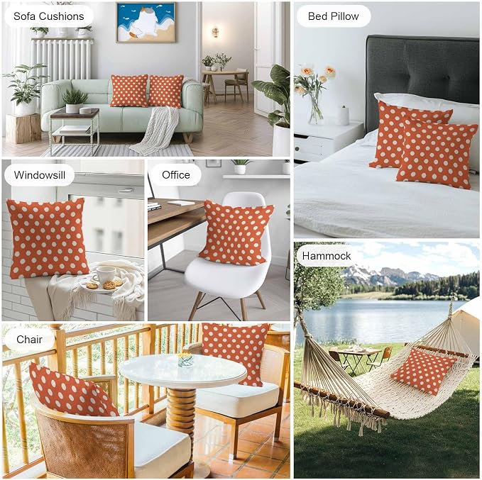 Outdoor Waterproof Throw Pillow Covers Set of 2 Orange Polka Dots Pillowcases 20x20 Inches Cute Solid Color Decorative Pillows Cushion Case Patio Pillows for Couch Bed Chair Garden