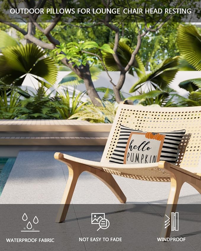 Outdoor Pillows Covers with Inserts Hello Pumpkin Black White Stripe Waterproof Recliner Pillow with Adjustable Strap Throw Pillows for Patio Furniture Pool Lounge Chair, 11x16 inch, 2PCS