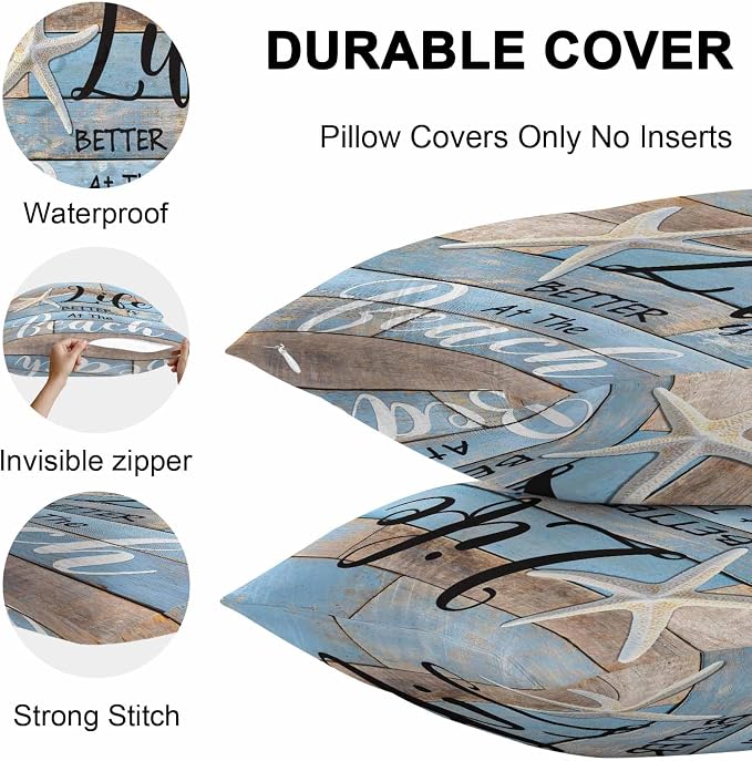 Summer Outdoor Pillow Covers Set of 2,Ocean Life Texts Starfish Decorative Waterproof Throw Pillow Case,Retro Blue Wood Plank Cushion Pillowcases for Couch Garden Patio Beach,20x20In